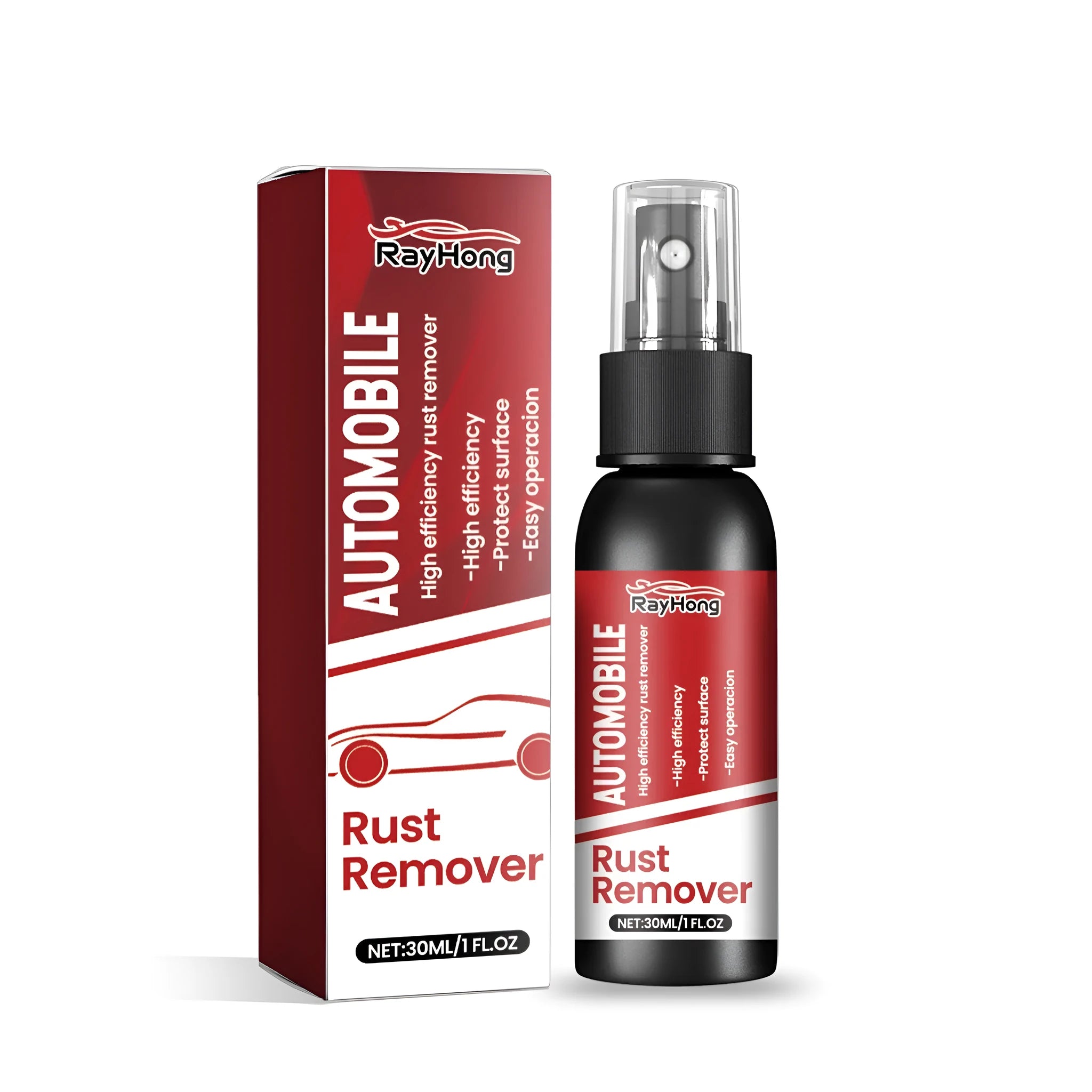 Automobile rust remover bottle measuring 3x3x11.2cm with liquid chemical solution