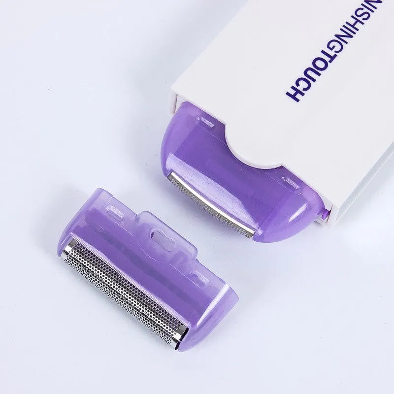 Finishing Touch rechargeable hair remover device with foil head and trimmer head on a white background