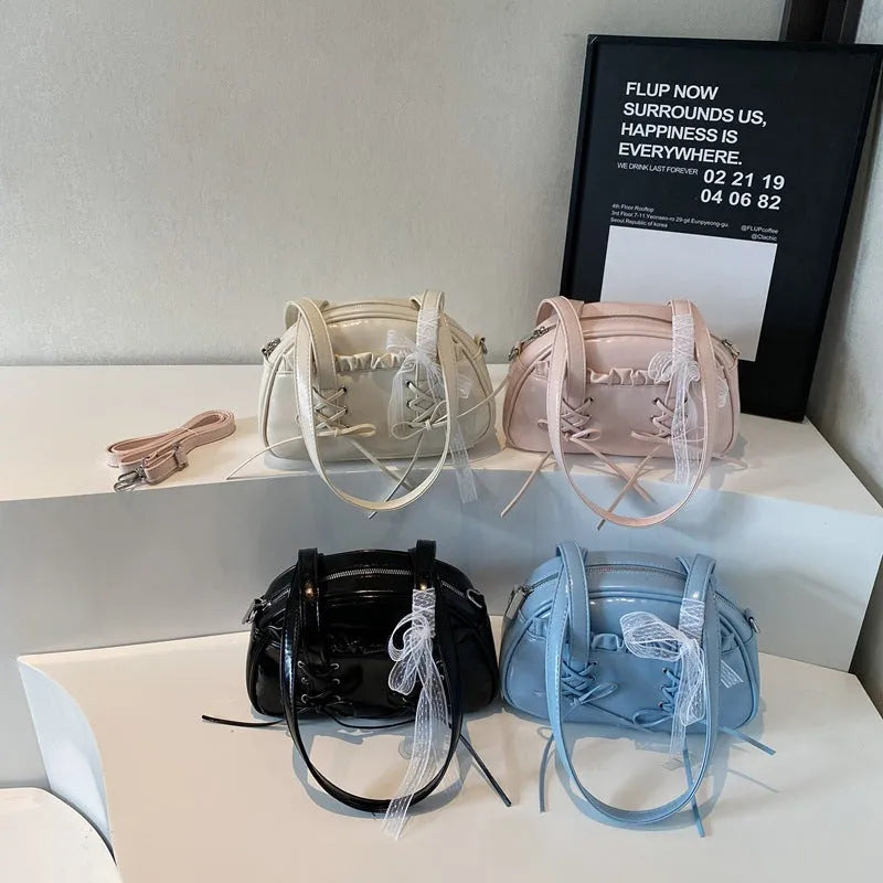 Women's casual PU leather shoulder handbag with a bandage bow detail, shown in beige colour.