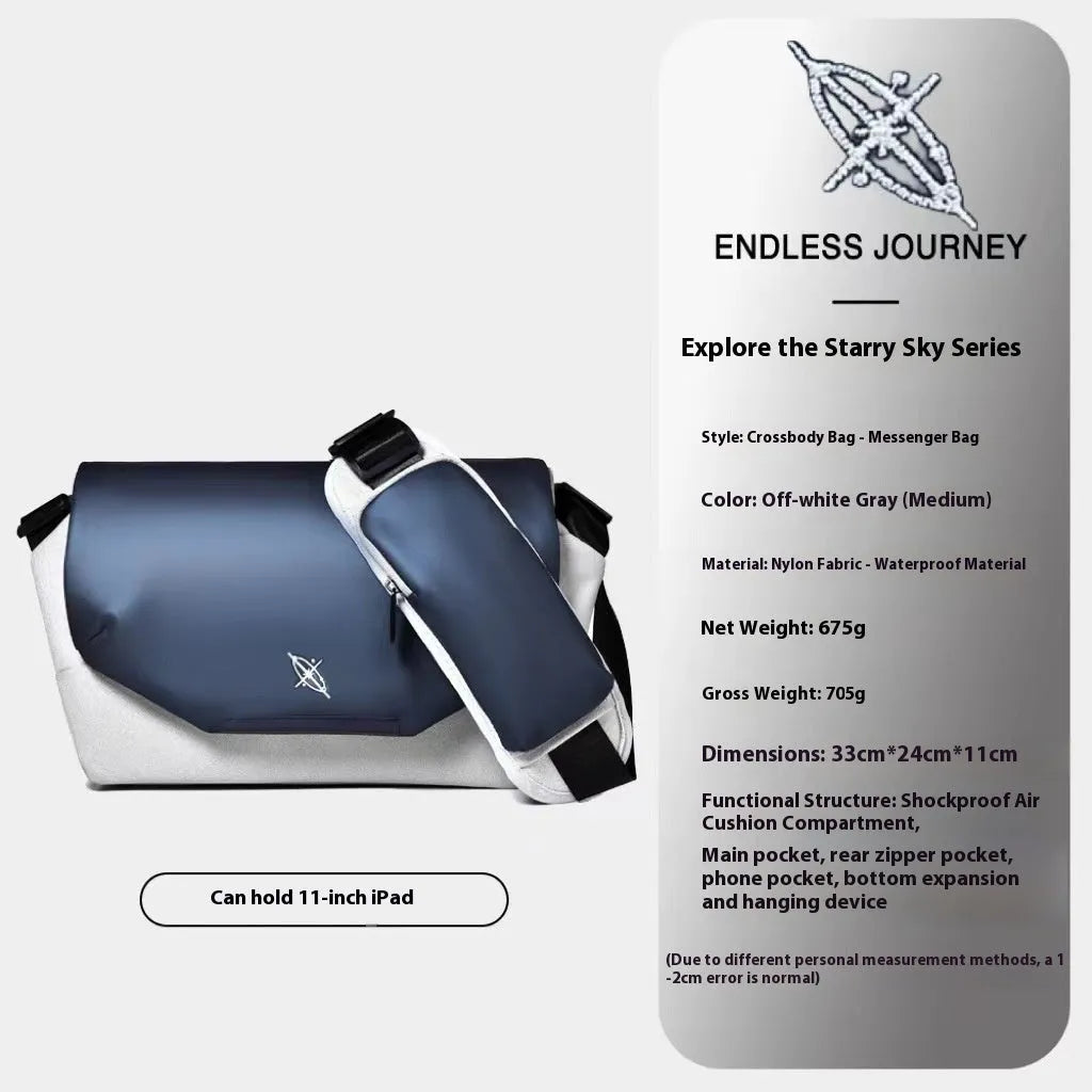 Men's PU crossbody shoulder bag with splicing design and nebula pattern, available in blue and black, blue and white, black, or white, 25x15cm to 35x25cm.