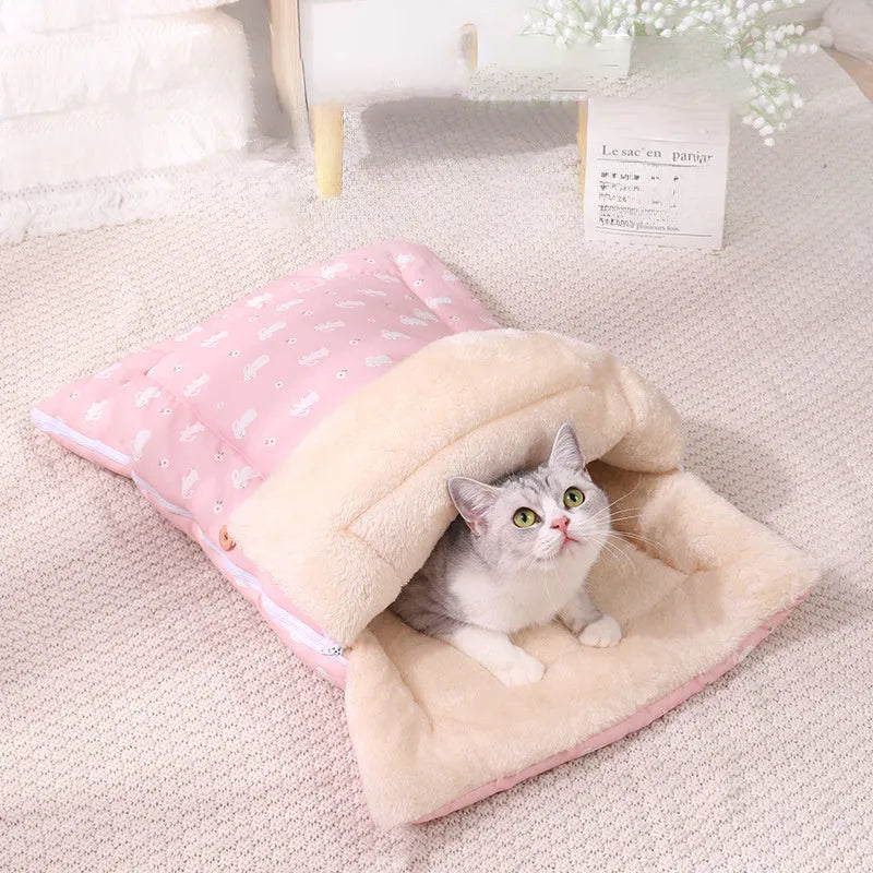 Foldable cat bed sleeping bag with detachable mat in North Pole Wool and Twill Fabric, Pink and Yellow, sizes M and S