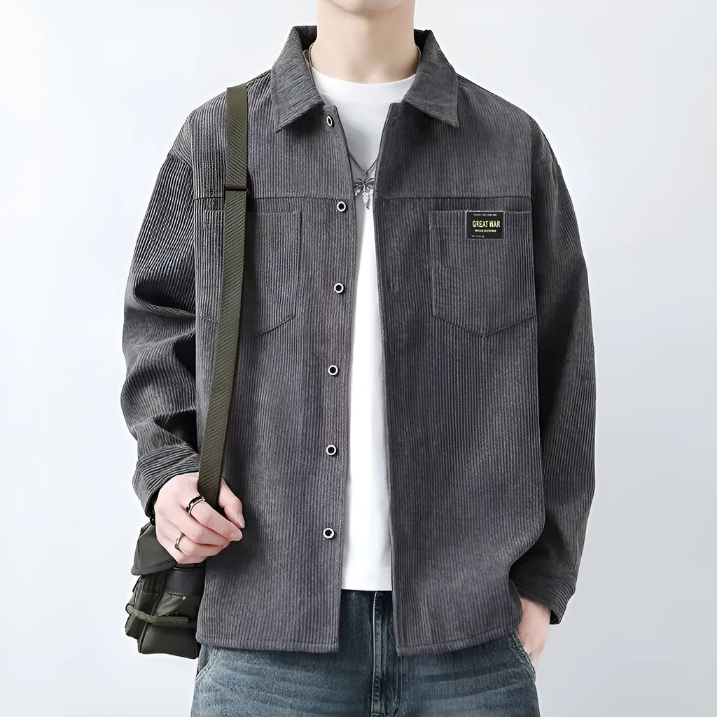Men's corduroy cardigan jacket in black, dark grey, khaki, or orange with long sleeves