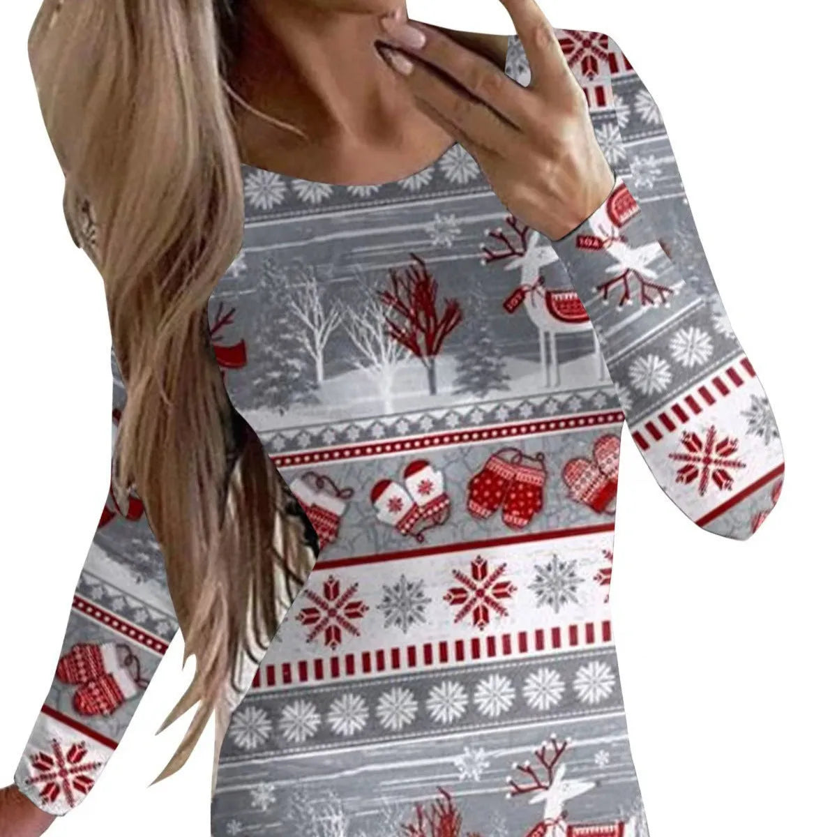 Red Christmas dress with animal print pattern, round neck and long sleeves, shown in a fitted hip skirt style.