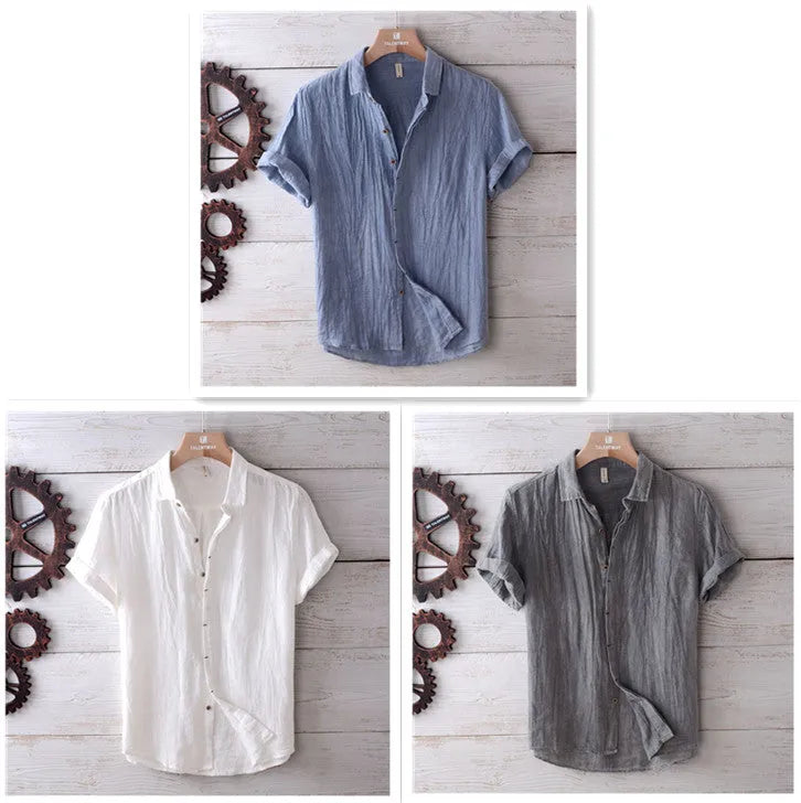 Men's solid colour retro distressed linen shirt in white, front view, summer casual button-down