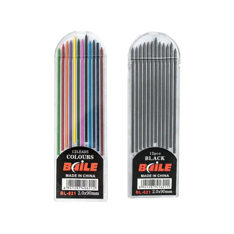 Pack of 12 automatic lead refills, 2.0mm diameter, 90mm length, in black and multicolor, PP material