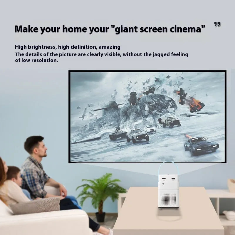 Smart HD home projector with remote control showing 1280x800 resolution and Android functionality