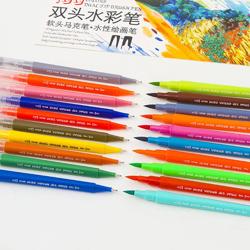 Set of 48 double-ended watercolour pens with soft tips and fine nibs in a plastic storage box.