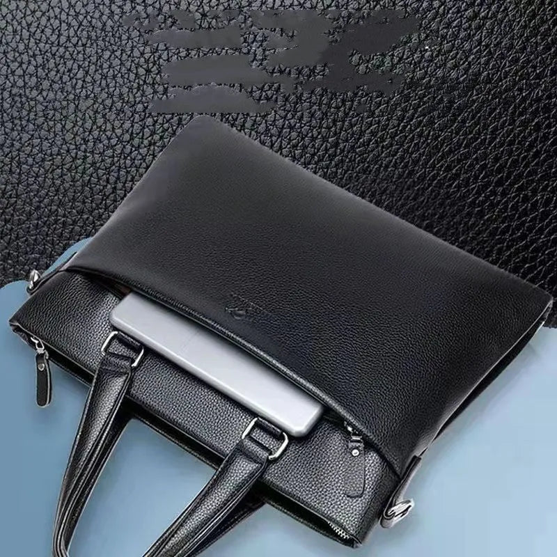 Men's black and brown PU leather shoulder messenger bag with splicing style, showing 35x30x4cm dimensions.