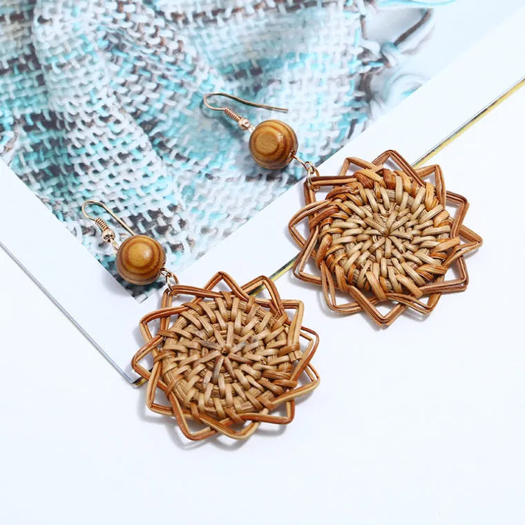 Handmade brown rattan and bamboo earrings for women with electroplated finish, Japanese Korean style drop design, one pair