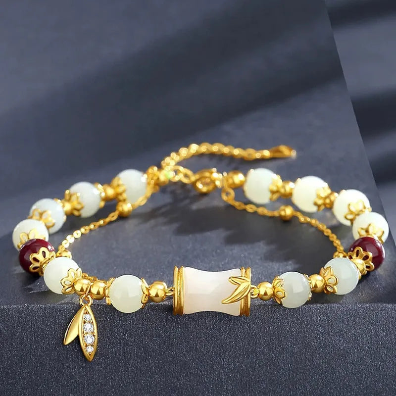 Retro bamboo bracelet with Ruyi pattern and flower design in electroplated glass
