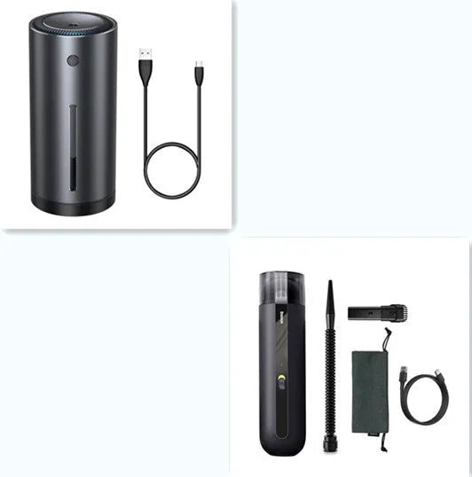 Baseus handheld cordless car vacuum cleaner with blowing hose, shown in black next to its 60ml dust cup.
