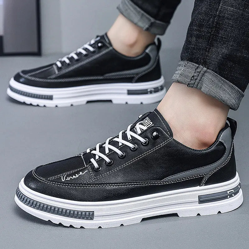 Men's white low-top platform sneakers with round toe and elastic band design on a plain background.