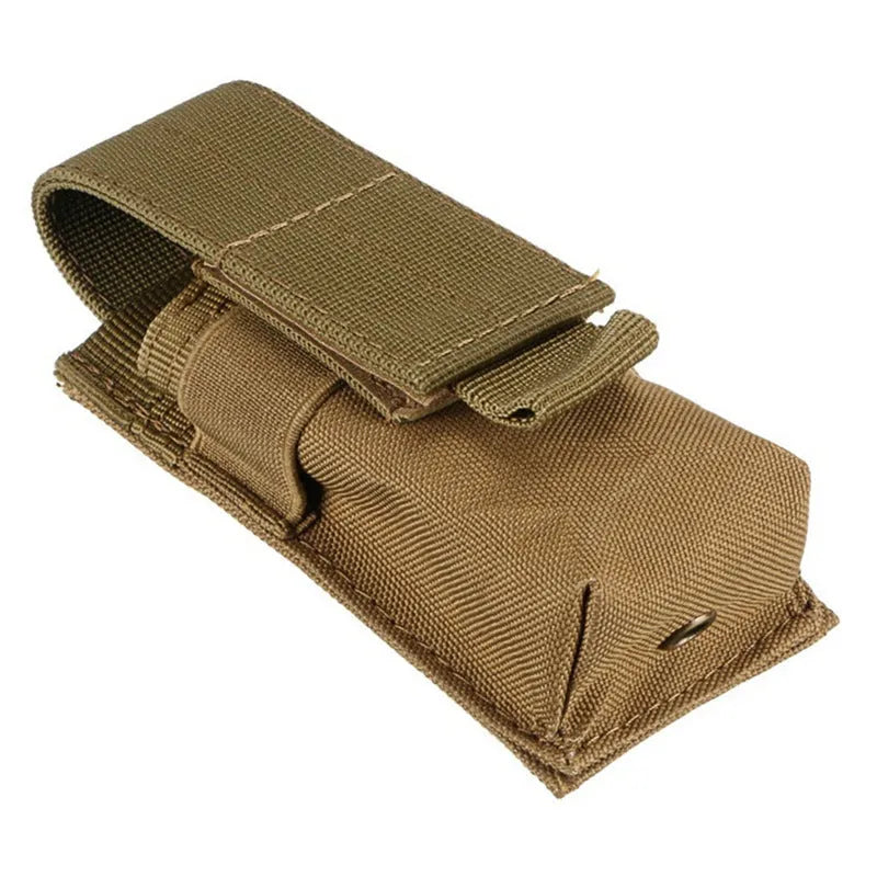 Black 600D nylon MOLLE tactical pouch with elastic cord closure for flashlights on a vest.
