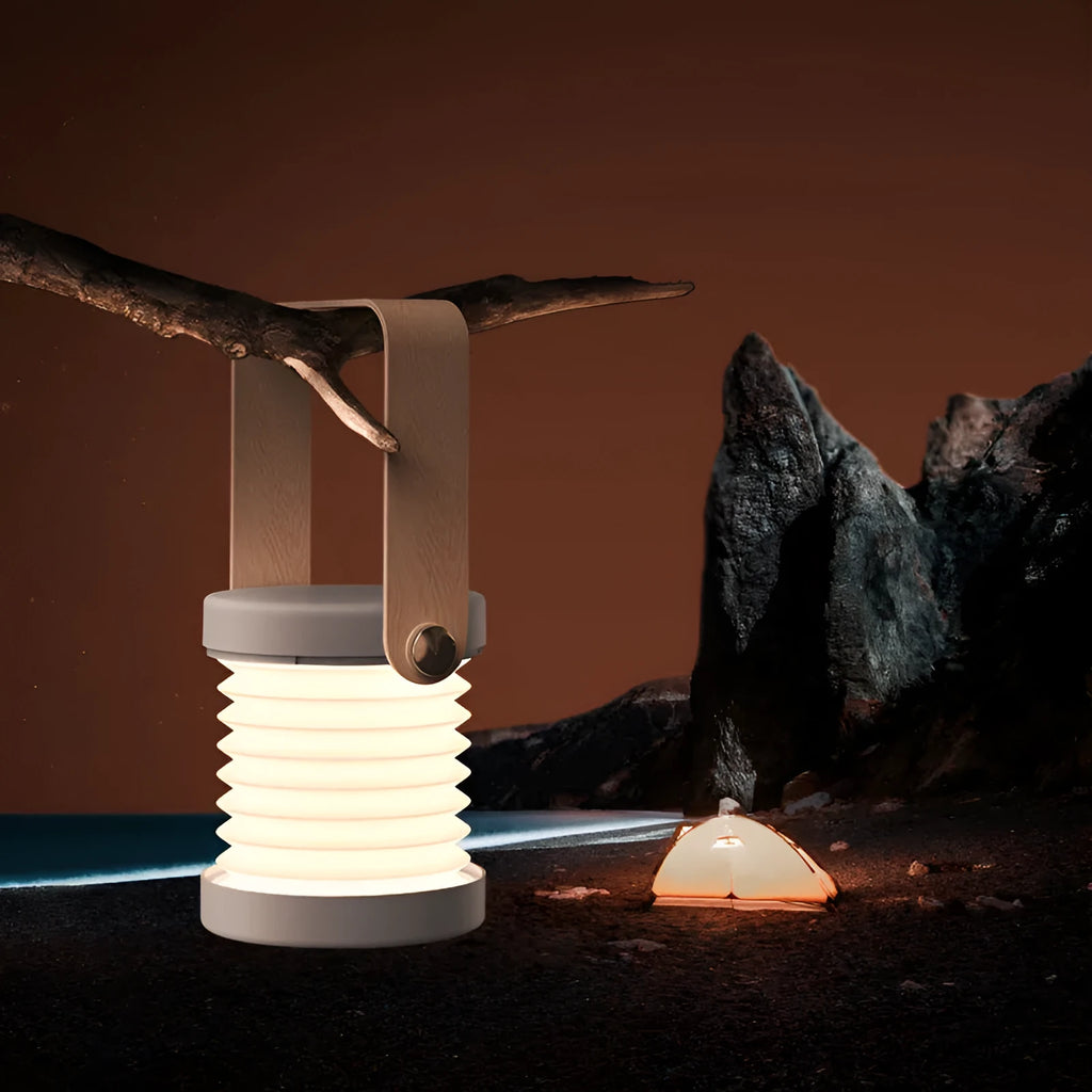 Foldable touch dimmable LED night light in white, shown in both table lamp and unfolded lantern modes.