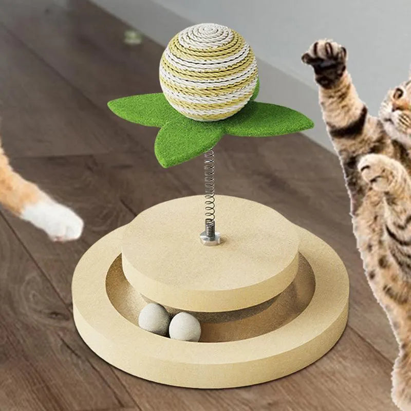 Green sisal cat scratching pad with ball track and two-layer turntable interactive toy