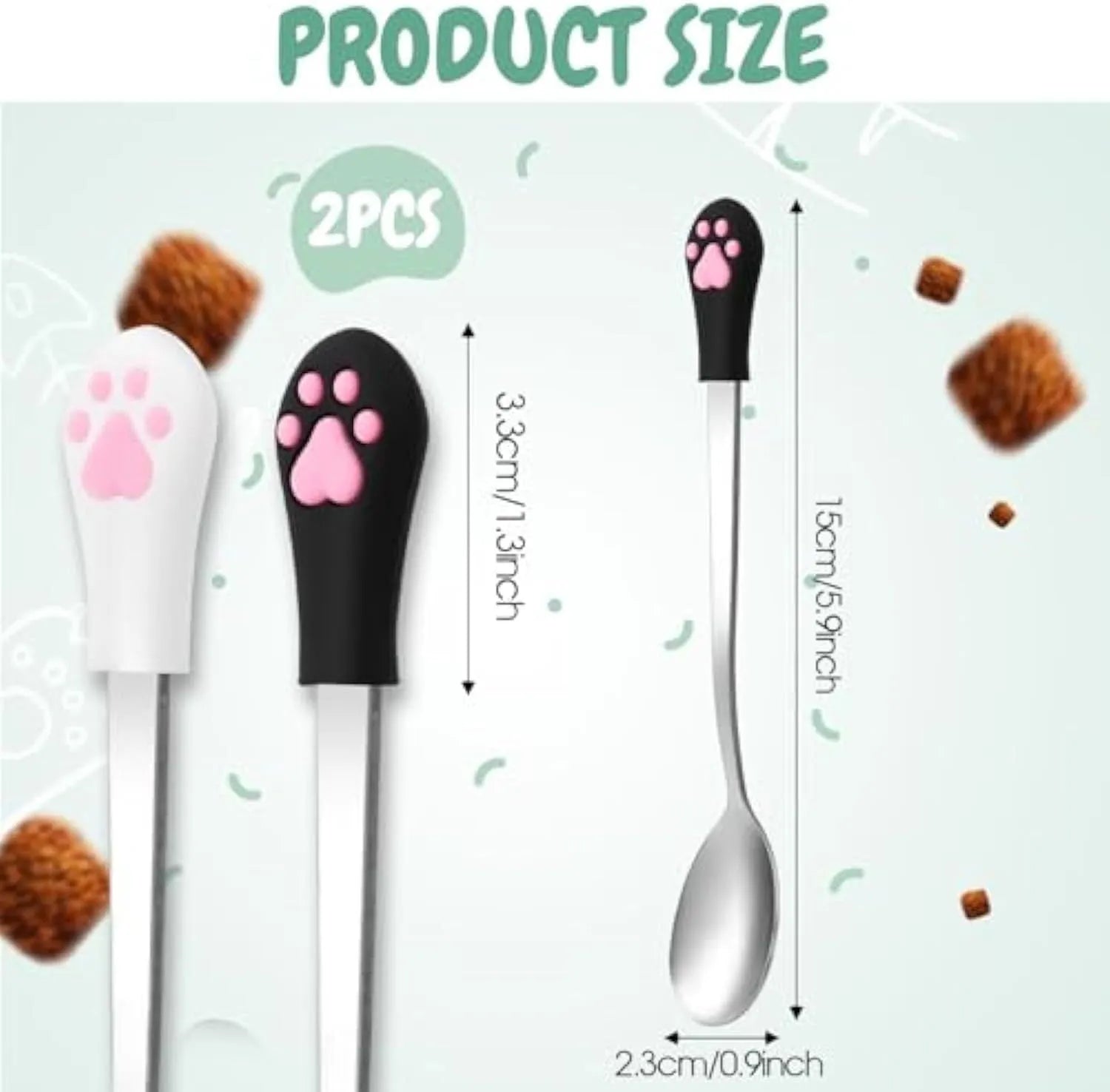 Two pet food spoons with cat paw design in white and black colours