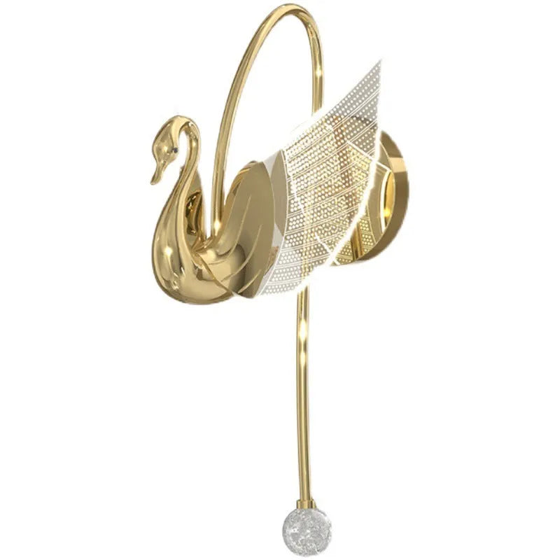 Gold minimalist swan silhouette wall lamp with acrylic shade and dimmable LED light.
