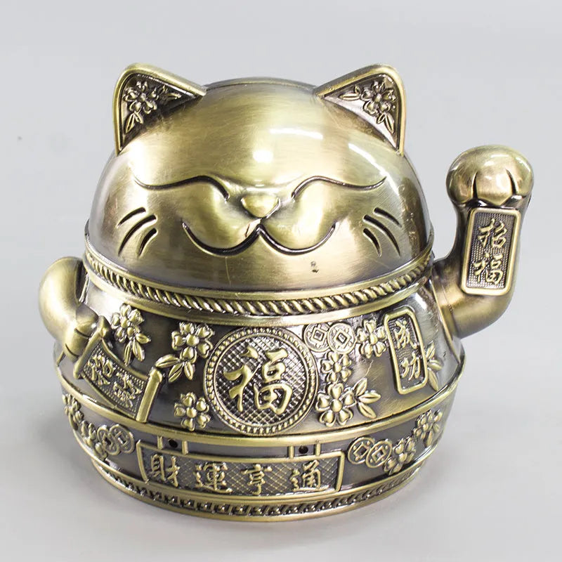 Lucky cat ashtray made from zinc alloy with cover in gold black colour for home living room
