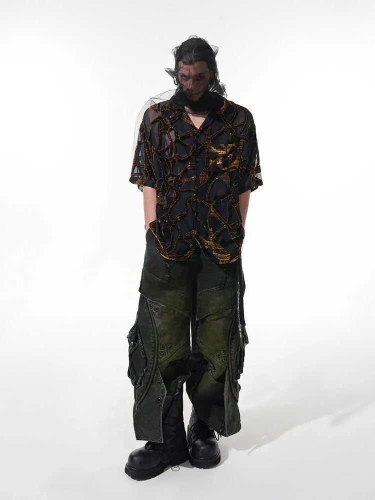Man's loose fit short-sleeved shirt with translucent snake pattern in black or grey.