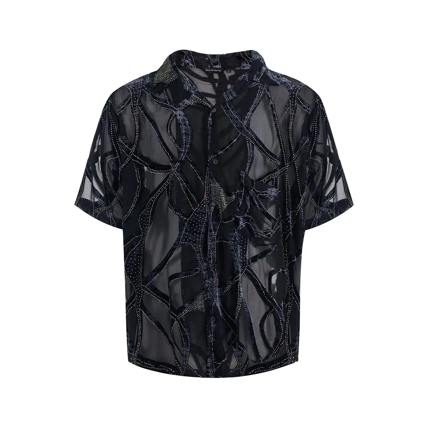 Man's loose fit short-sleeved shirt with translucent snake pattern in black or grey.