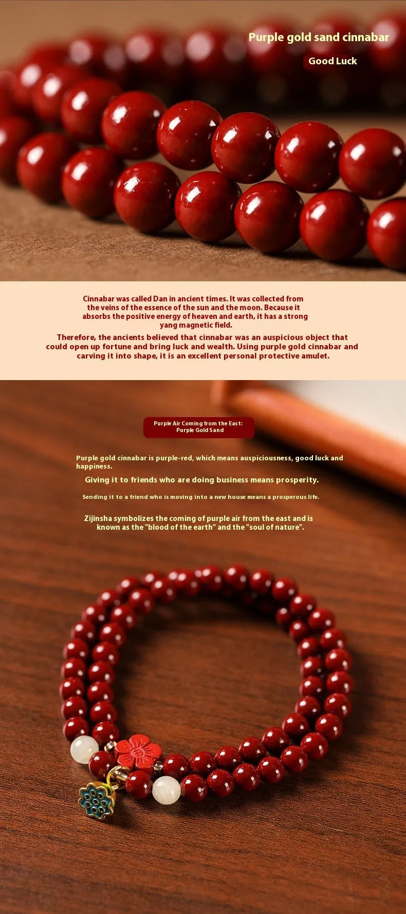 Purple gold cinnabar beads double circle women's bracelet with hand-woven texture and lotus detailing