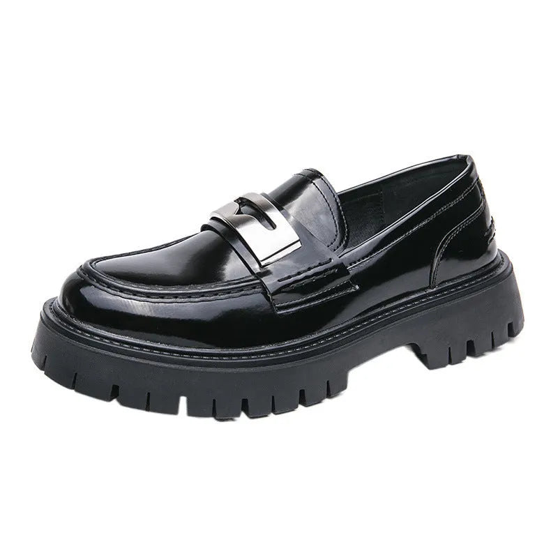 Men's glossy black platform loafers with hidden low heel, showing PU leather construction