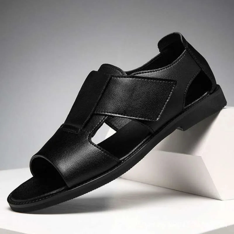 Men's black and brown leather casual sandals with open toes and rubber soles on a size chart.