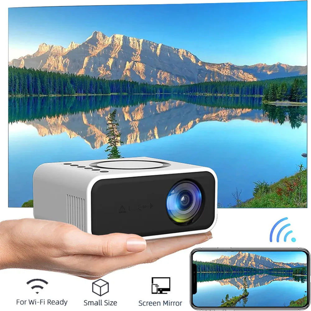 YT300 portable mini projector in black or white with remote control and compact design