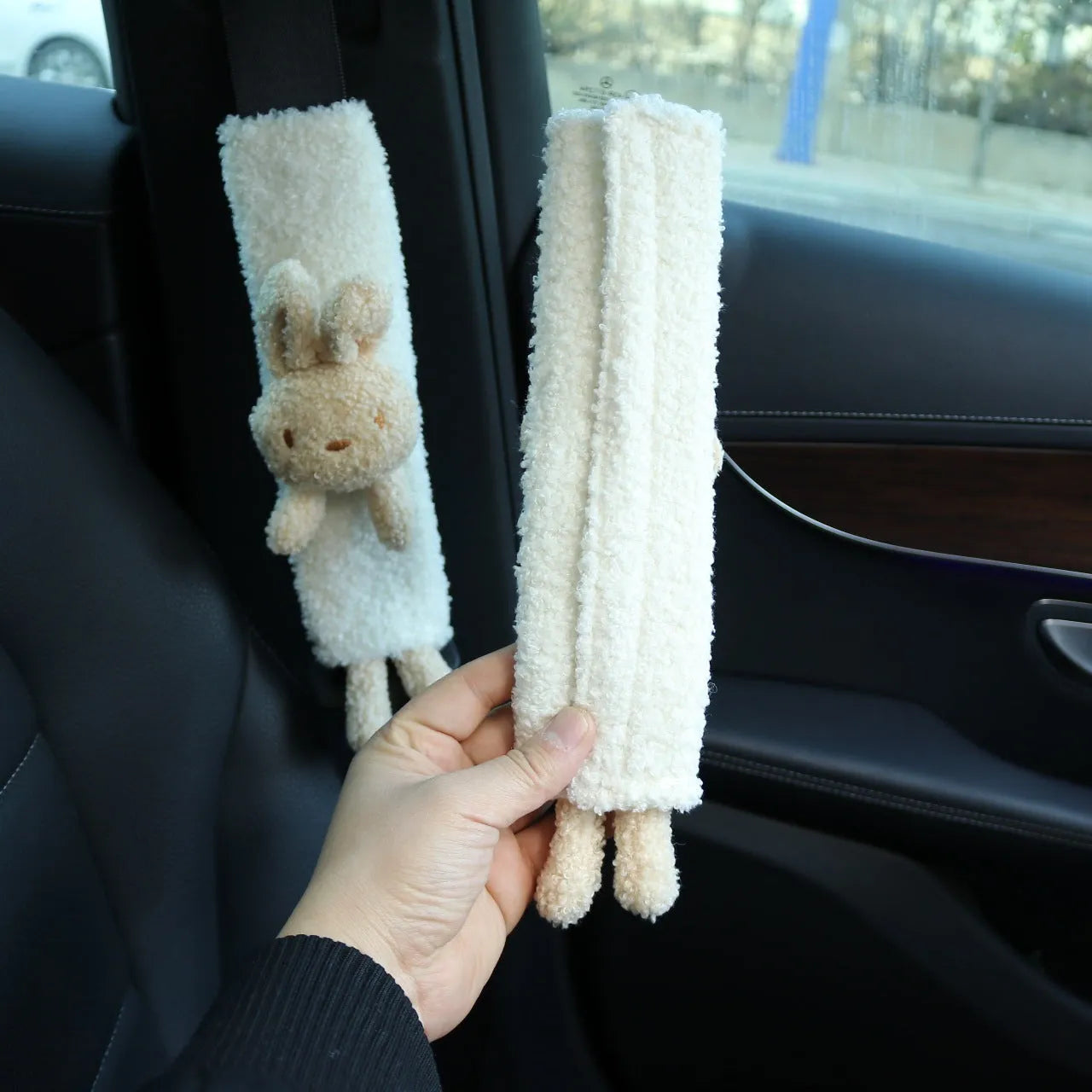 Cartoon plush rabbit and bear design car seat belt shoulder protector made from soft lamb wool.