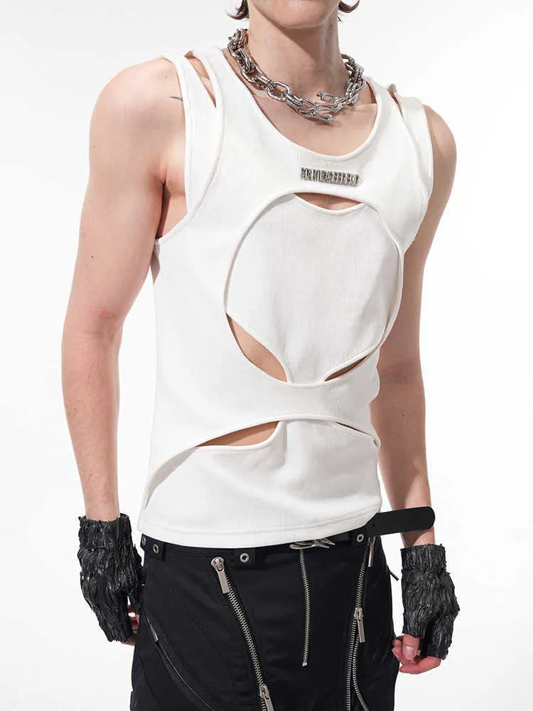 Man wearing a loose-fit black sleeveless hollow thread waistcoat vest.
