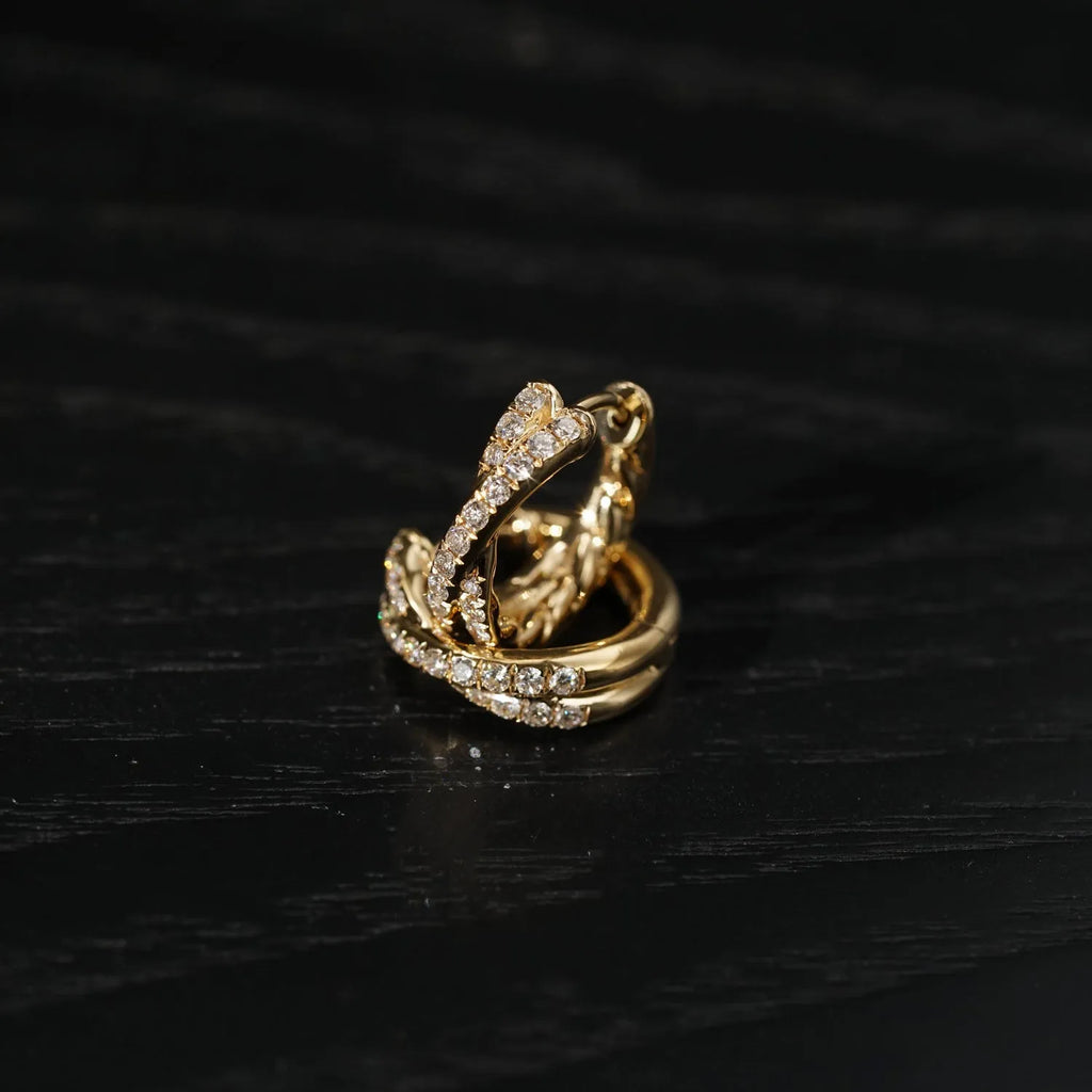 Double row cross 5A zircon twist earrings, 925 silver with 18K gold plate, 9mm inner diameter, 12mm outer diameter