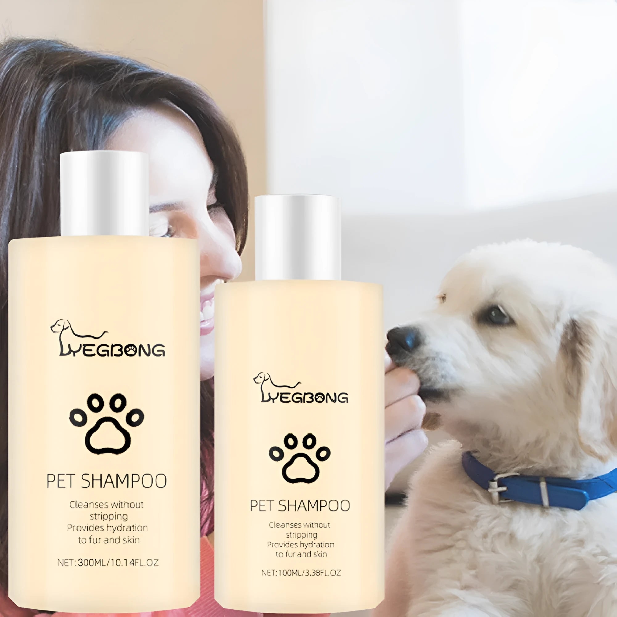 Mild dog shampoo bottle for softening hair and detangling, available in 100ml and 300ml sizes