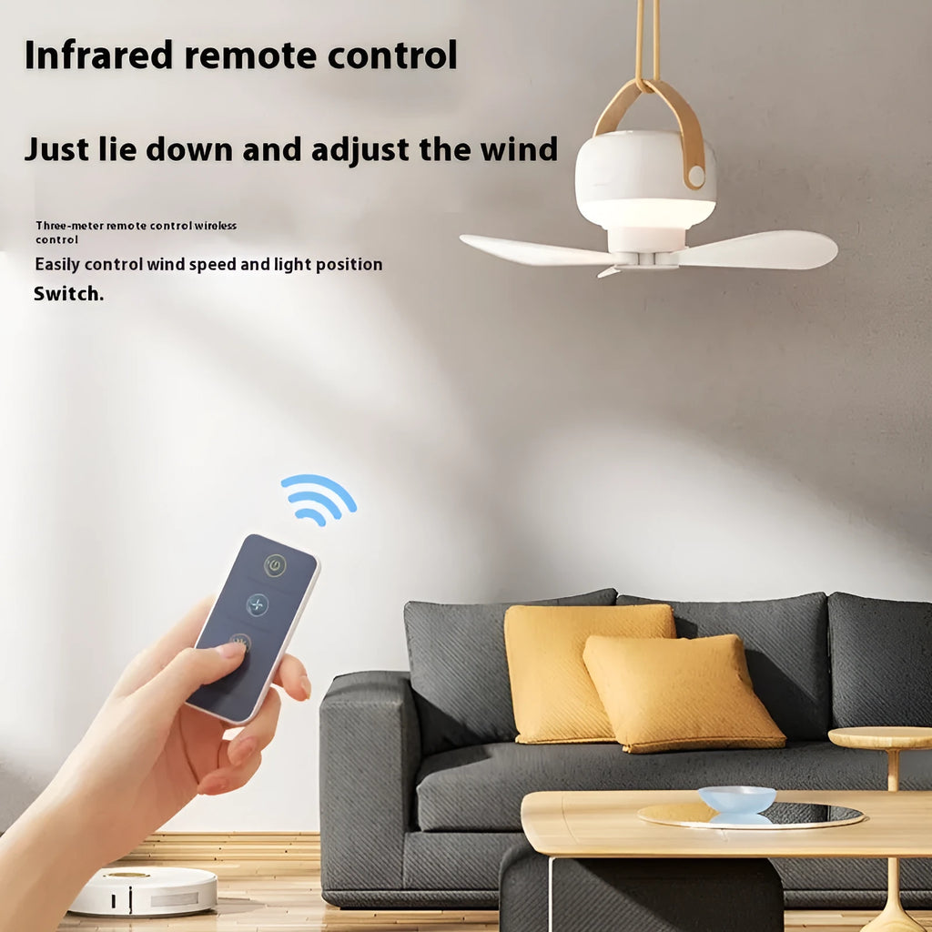 Small rechargeable ceiling fan with remote control for camping tents showing Type-C charging port and mounting strap