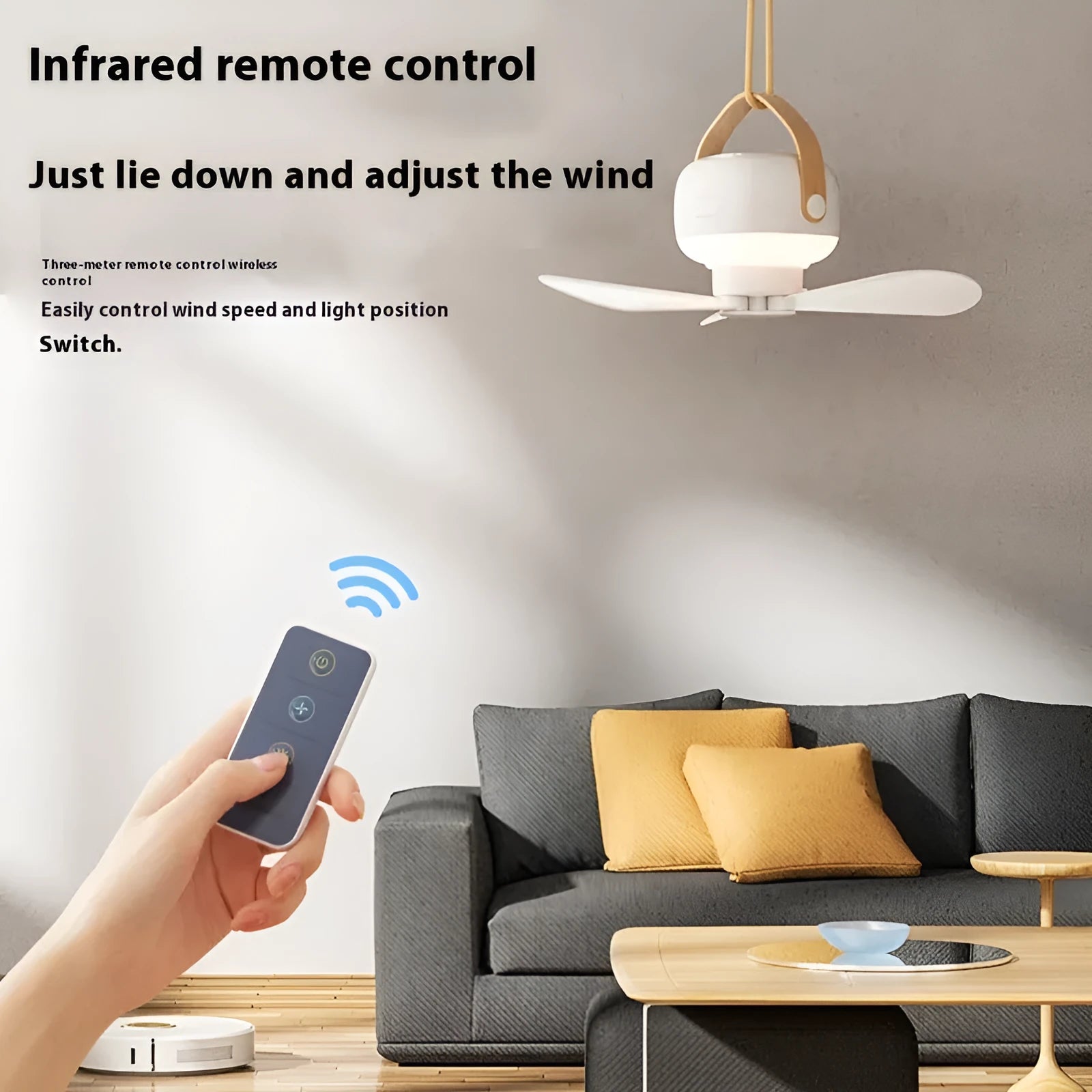 Small rechargeable ceiling fan with remote control for camping tents showing Type-C charging port and mounting strap
