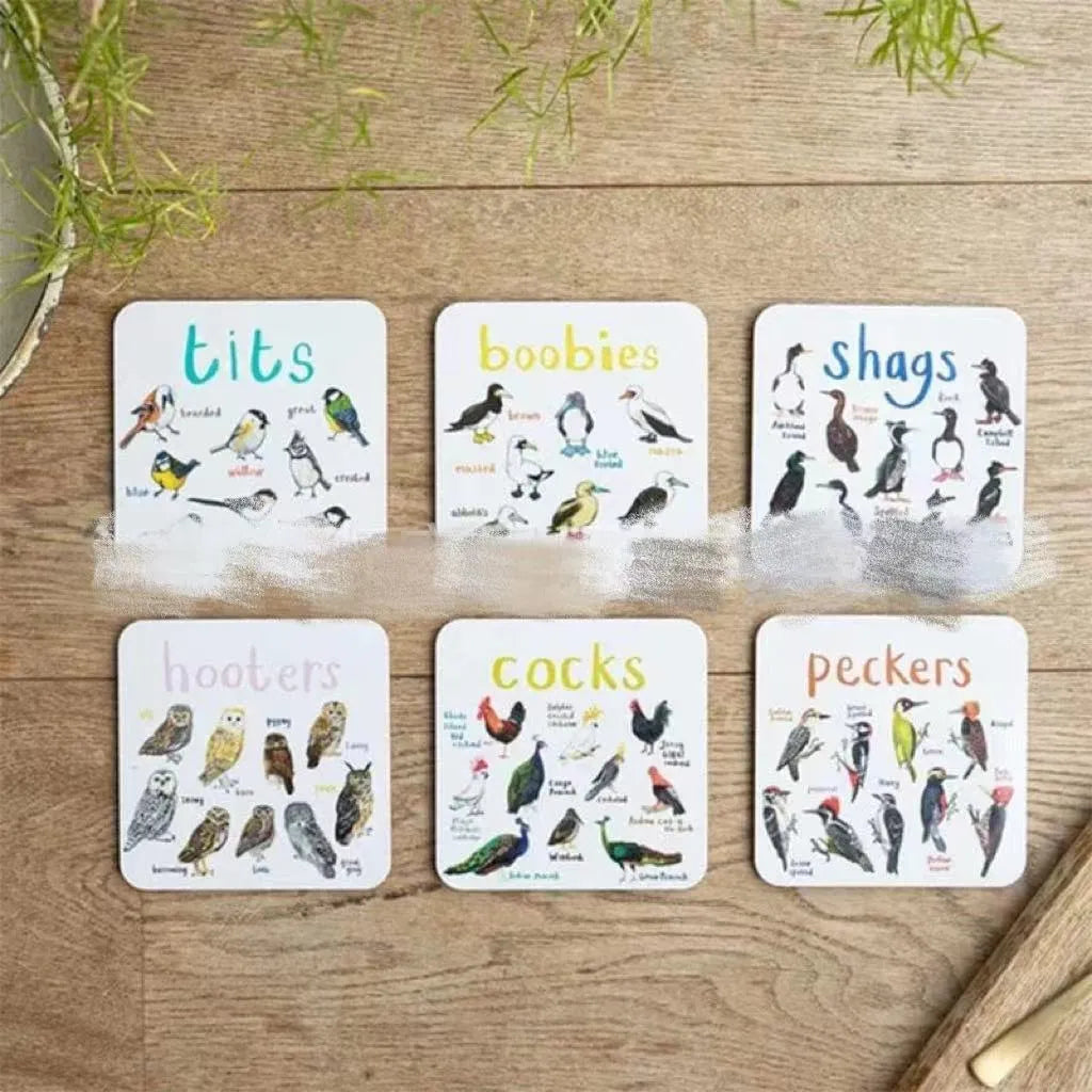 Set of six square PVC bird pun coasters with different bird chart designs on a table
