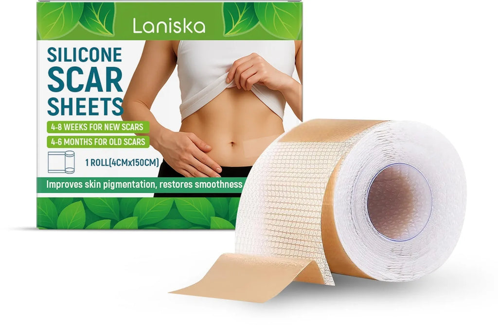 Roll of clear silicone scar sheet with tea tree oil and aloe extract, showing 4cm width.