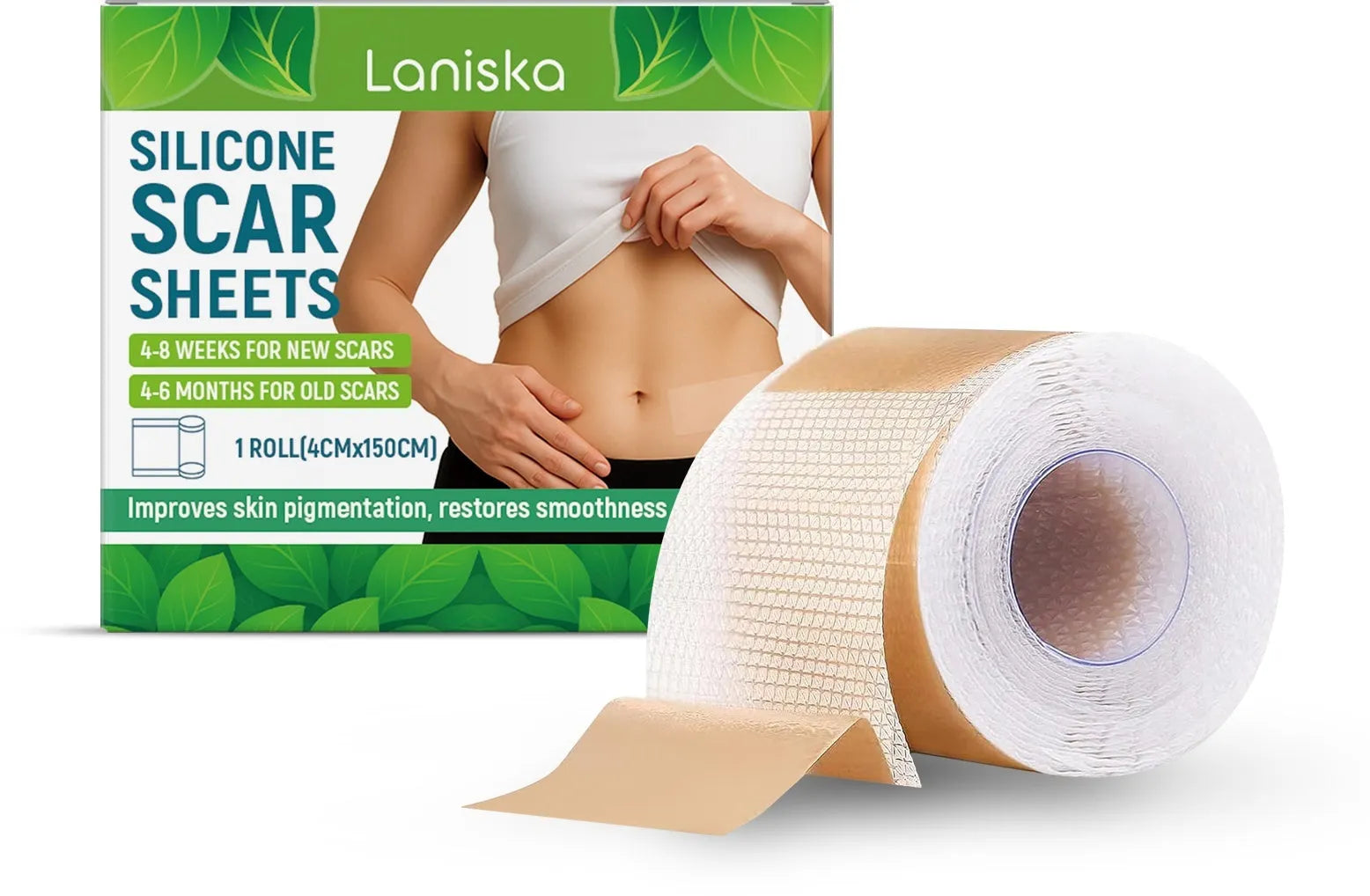 Roll of clear silicone scar sheet with tea tree oil and aloe extract, showing 4cm width.
