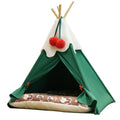 Brown semi-closed cloth cat house with padded mat inside, showing enclosed design for pet sleep.