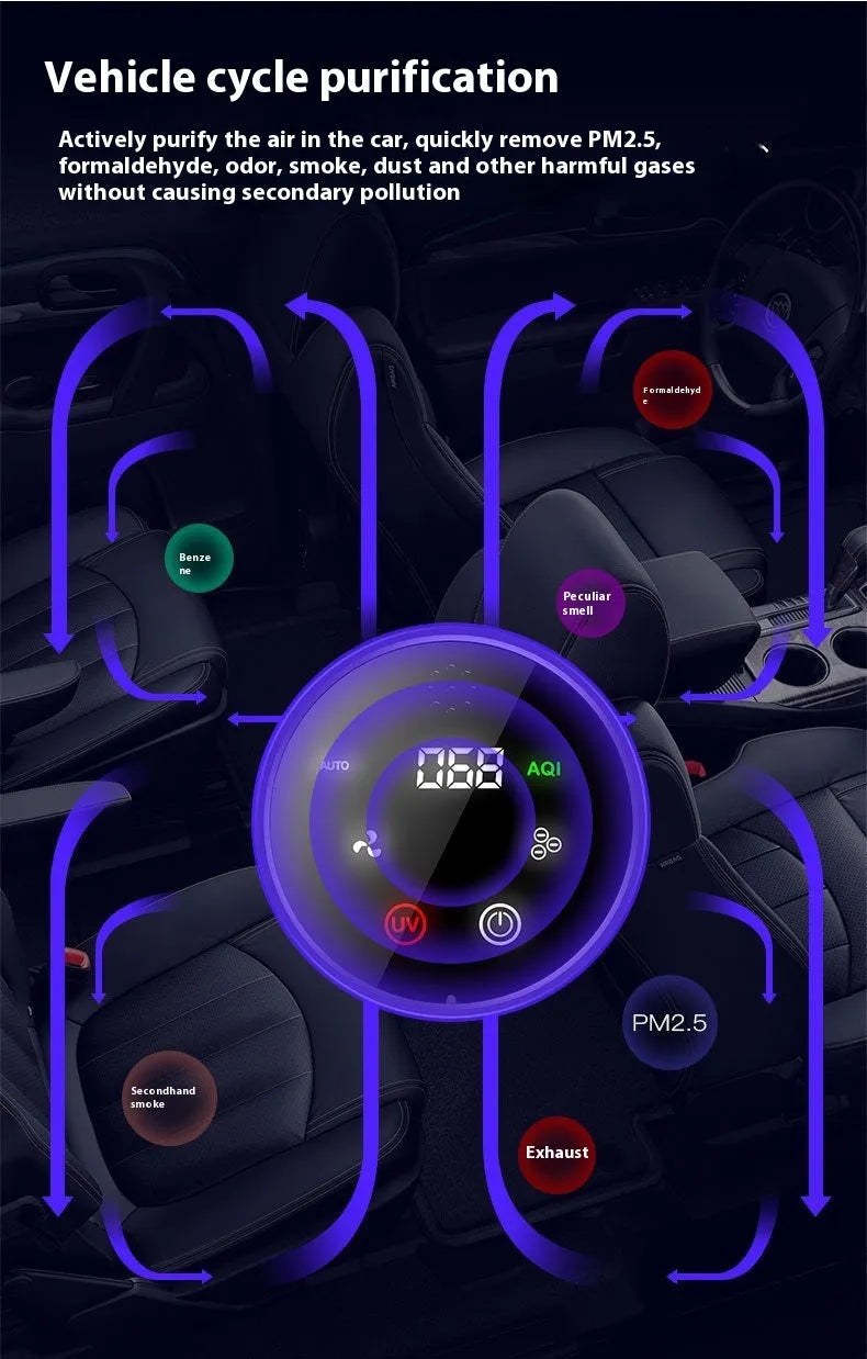 Black USB-powered car air purifier for formaldehyde removal and air ionisation.