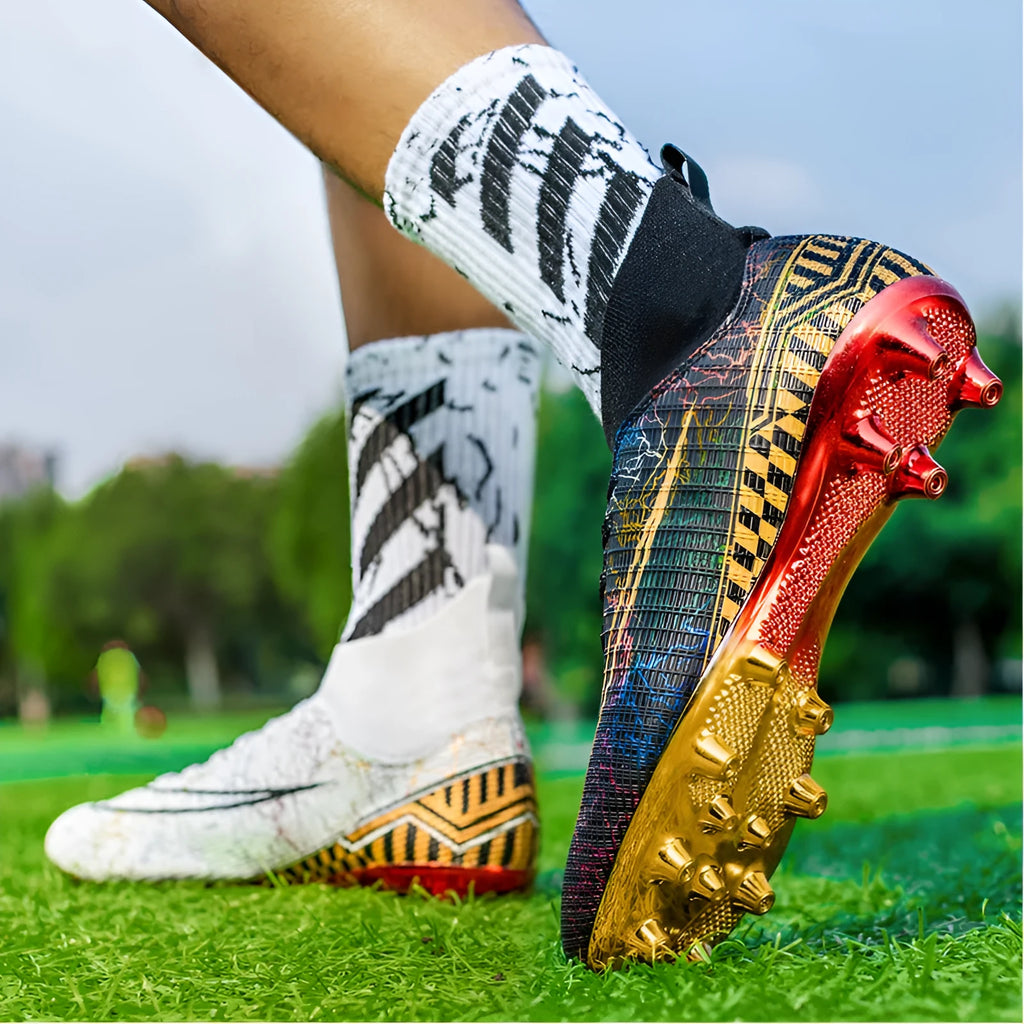 Men's high-top synthetic leather soccer shoes with a gold-plated sole, shown in mandarin duck colour with lace-up front.
