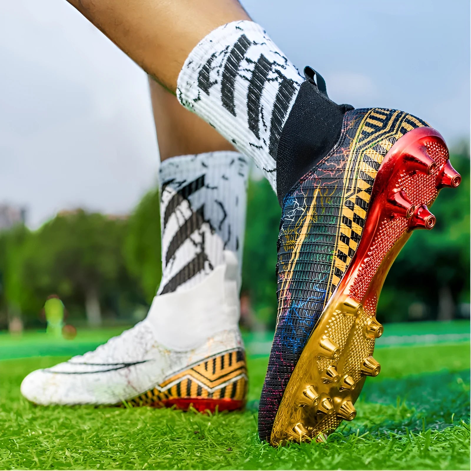 Men's high-top synthetic leather soccer shoes with a gold-plated sole, shown in mandarin duck colour with lace-up front.
