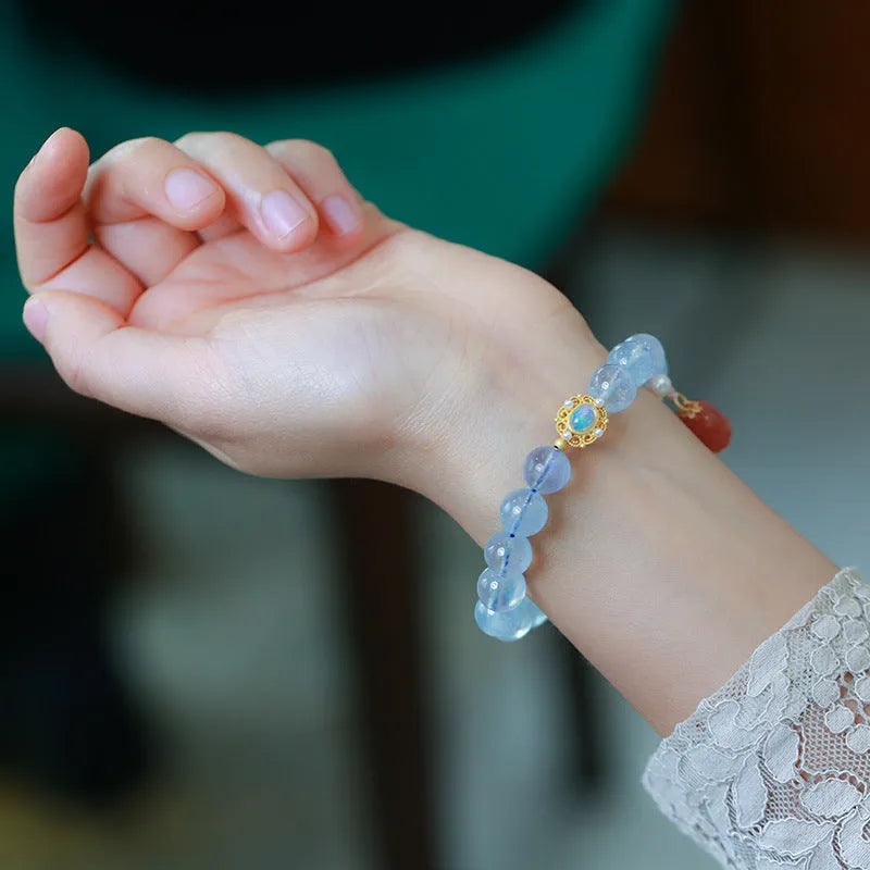 Chinese style aquamarine women's bracelet with pearl decorations and fox charm elements