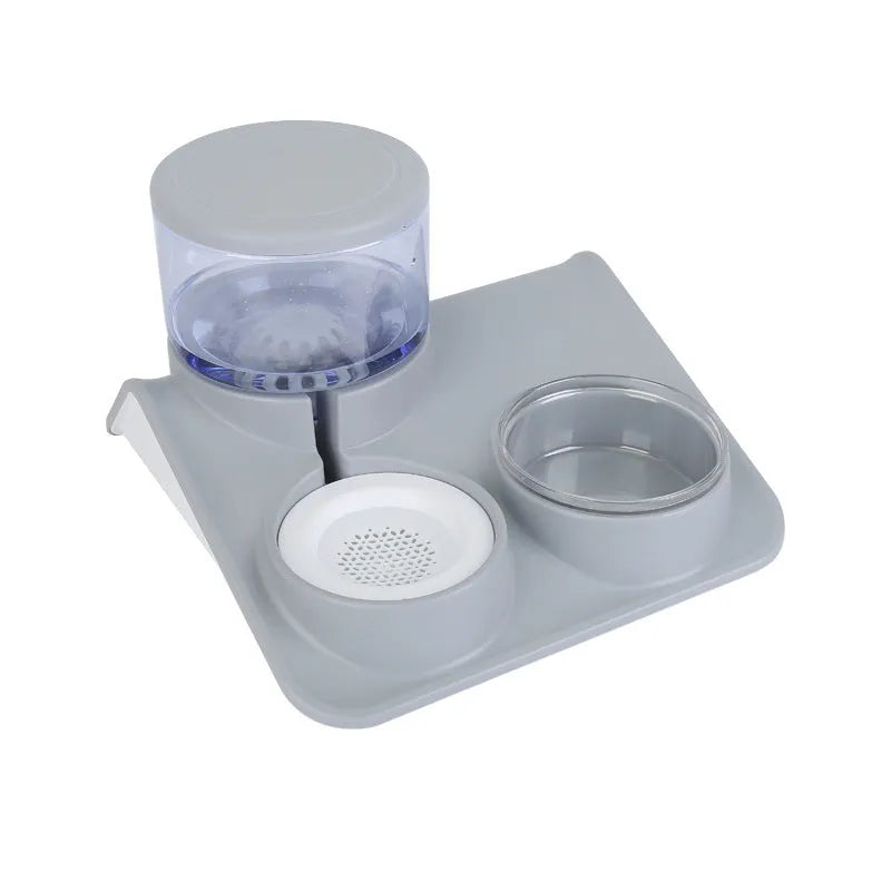 Double bowl pet feeder with automatic drinking fountain, PP PET material, 32 cm, in blue colour on floor