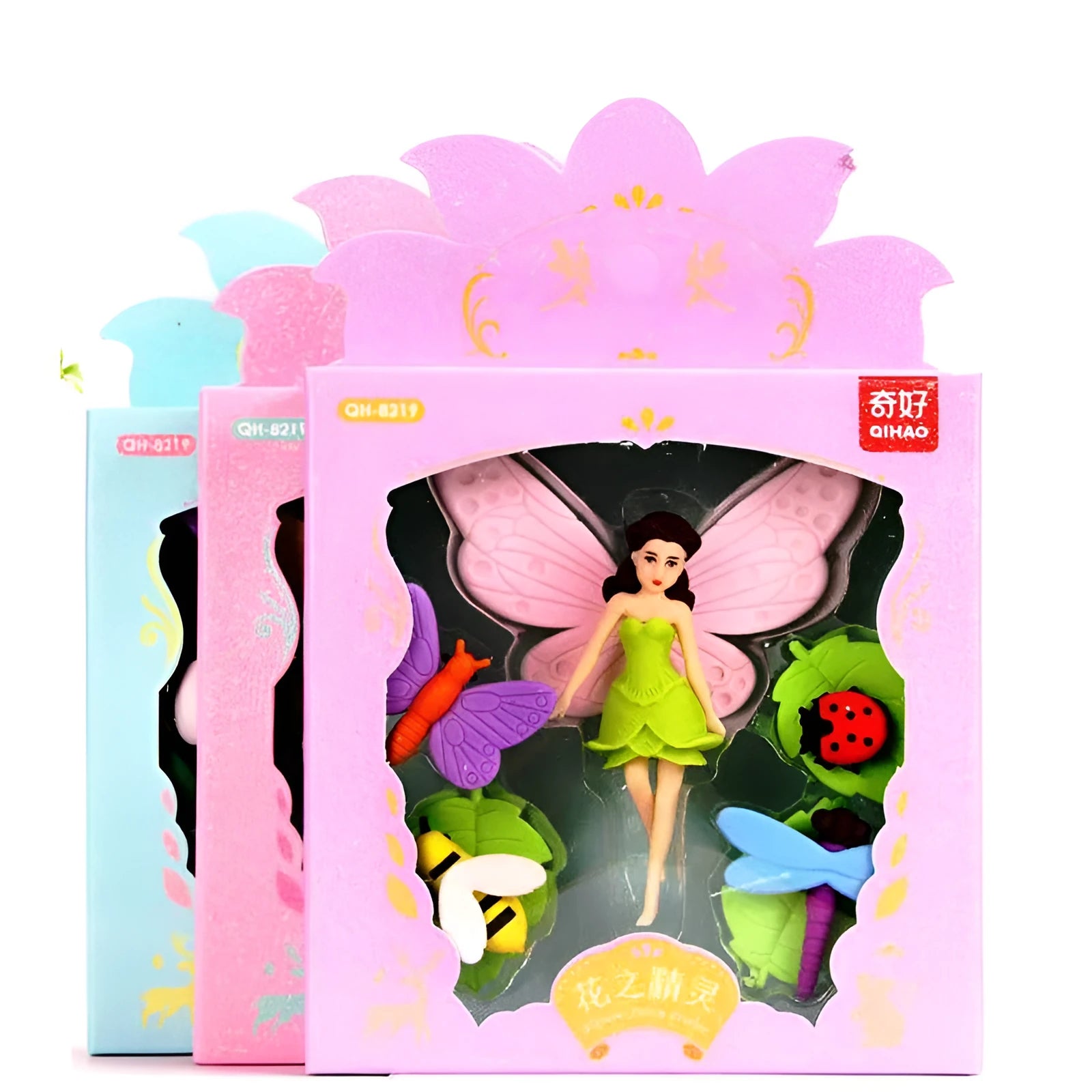 Flower Fairy eraser suit box containing 12 character-themed TPR rubber erasers for stationery modification