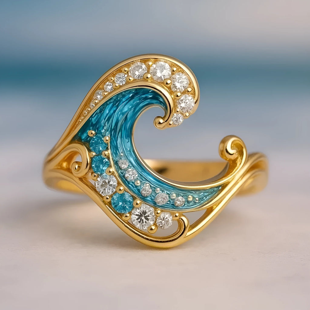 Gold zinc alloy fashion ring with spray hailang micro inlay design on a hand.