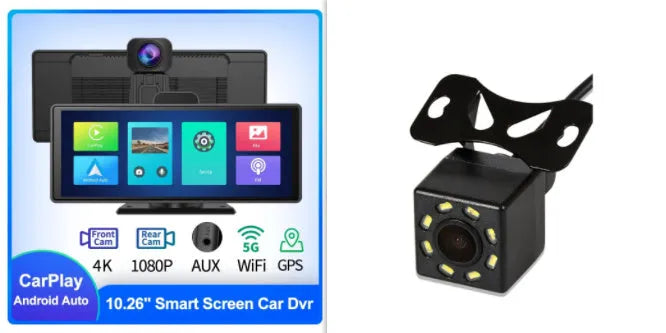 Black 10.26-inch touch screen car DVR with rear camera on a car dashboard