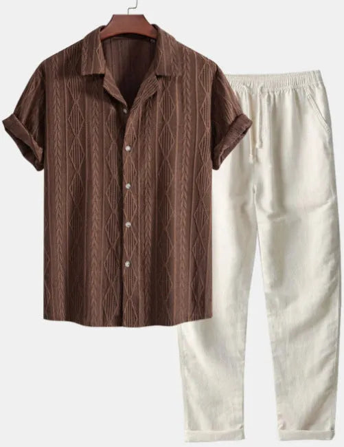 Men's slim fit camouflage print short sleeve shirt and trousers casual linen suit set.