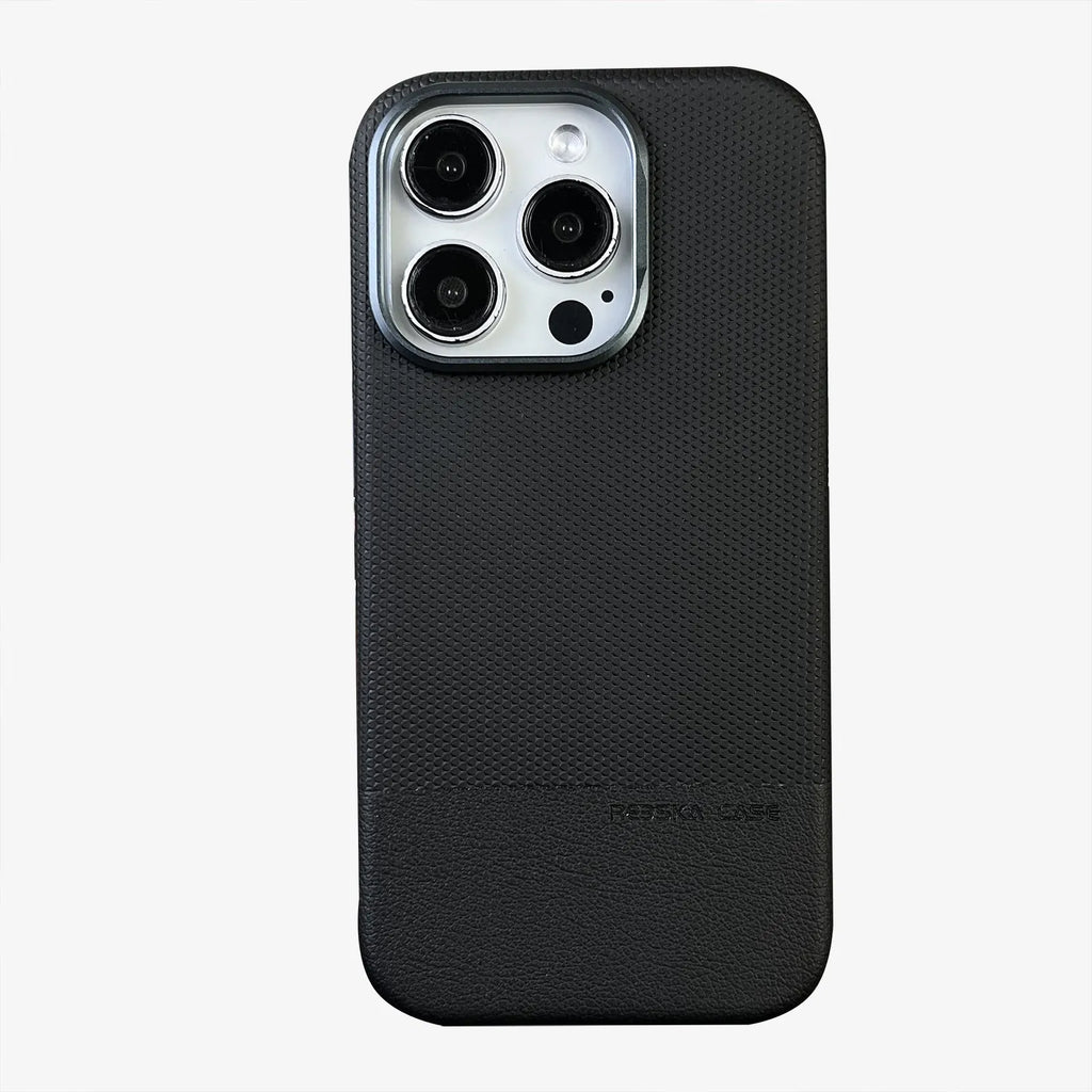 Black dragon scale texture magnetic iPhone case showing side stitching and all-inclusive design.