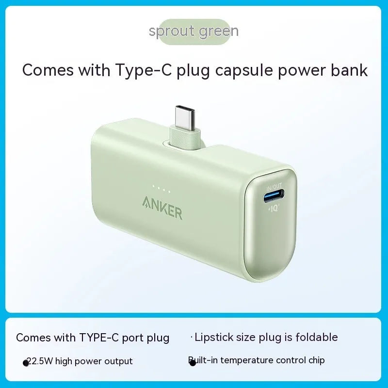 Small capsule power bank measuring 77x36x25mm with 5000mAh capacity in multiple colour options