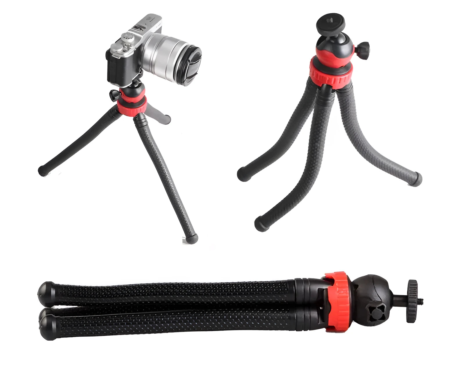 Black octopus tripod with spherical gimbal head wrapped around pole supporting mobile phone